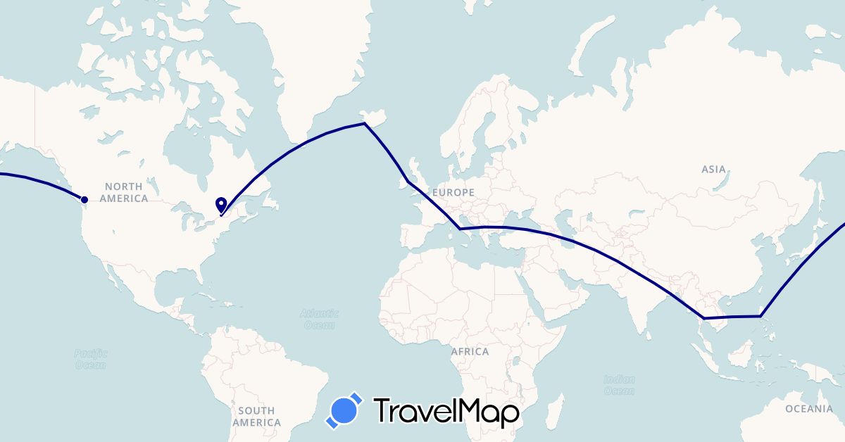 TravelMap itinerary: driving in Canada, France, Ireland, India, Iceland, Italy, Philippines, Thailand (Asia, Europe, North America)